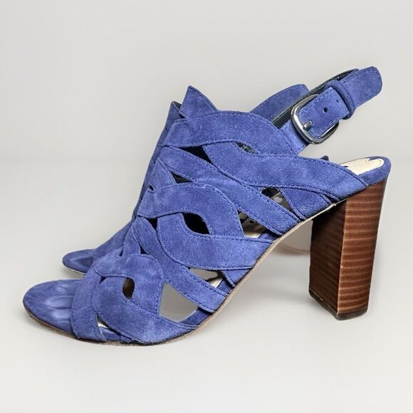 Via Spiga‎ Galore Swirl Strap Chunky Heel Sandals Blue Suede Women's SIZE 7 - Picture 1 of 9